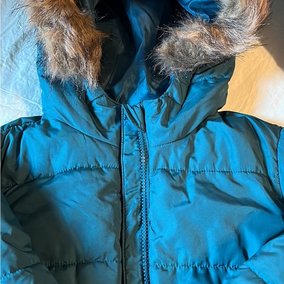 GAP Girls sz S Teal Winter long Jacket with fur-trimmed hood - Picture 3 of 6